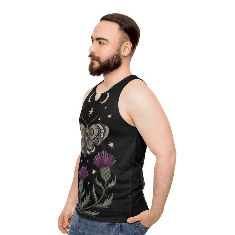 Unisex tank top with celestial moth and thistle design - men side