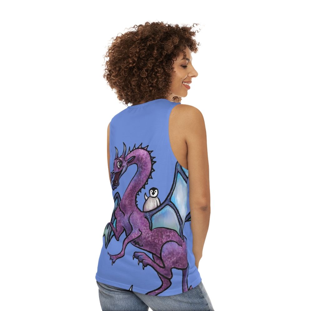 Unisex tank top with fantasy art design of a penguin and dragon in an adventurous scene - women back