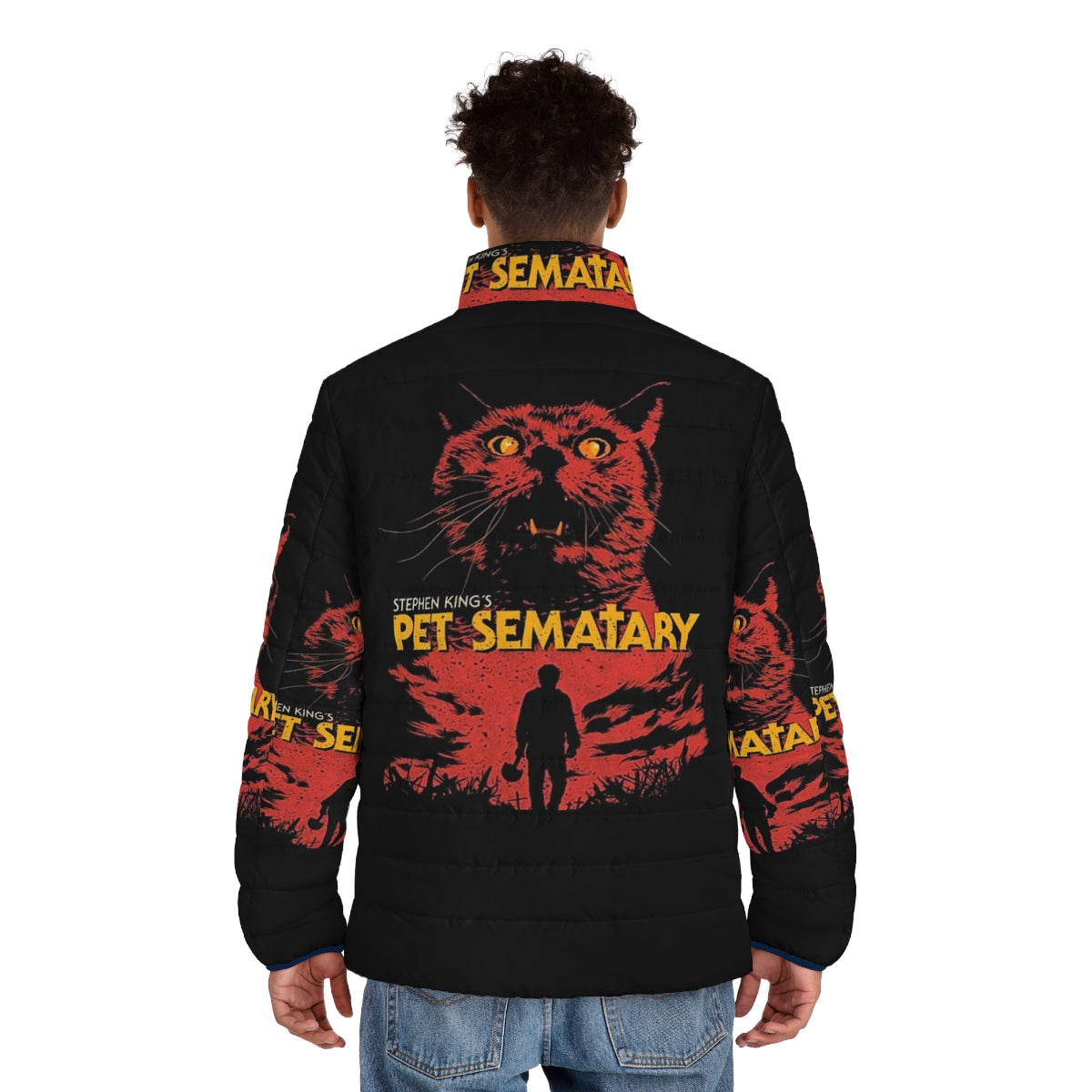 Pet Sematary inspired puffer jacket with horror movie graphics - men back