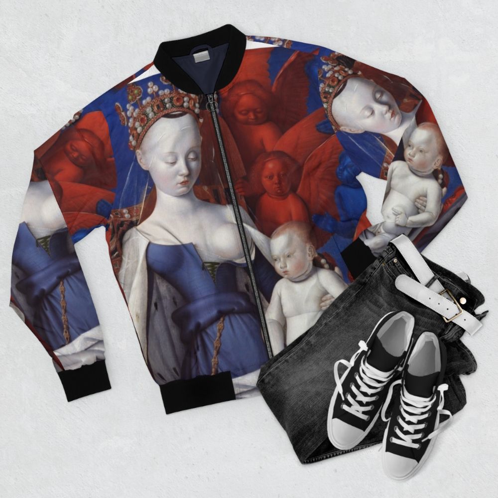 Bomber jacket featuring the classic French artwork "The Virgin and Child with Angels" by Jean Fouquet - Flat lay