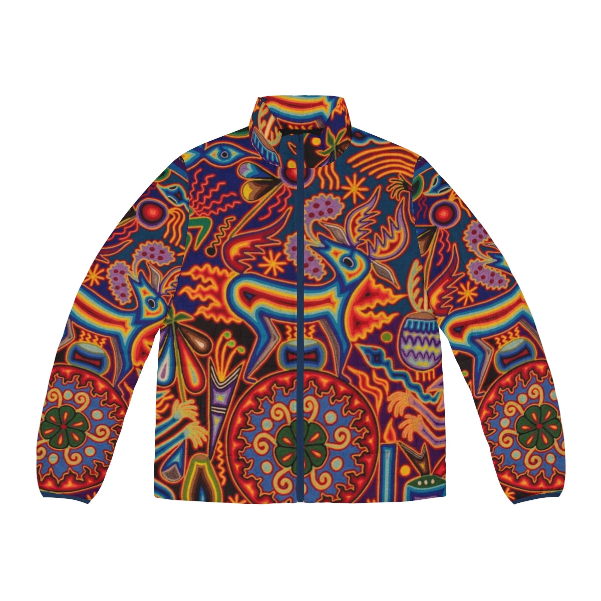 Colorful Huichol puffer jacket with abstract floral and skull designs