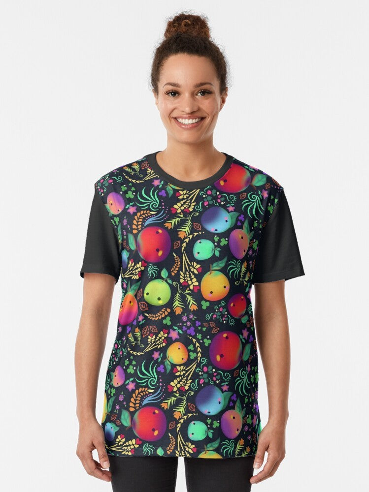 Illustration of Stardew Valley friends, junimo, and farm plants on a t-shirt - Women