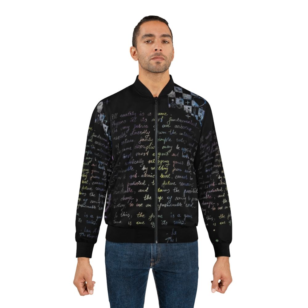 A retro-styled bomber jacket featuring a doodle design and quotes from the sci-fi novel "The Player of Games" by Iain M. Banks. - Lifestyle