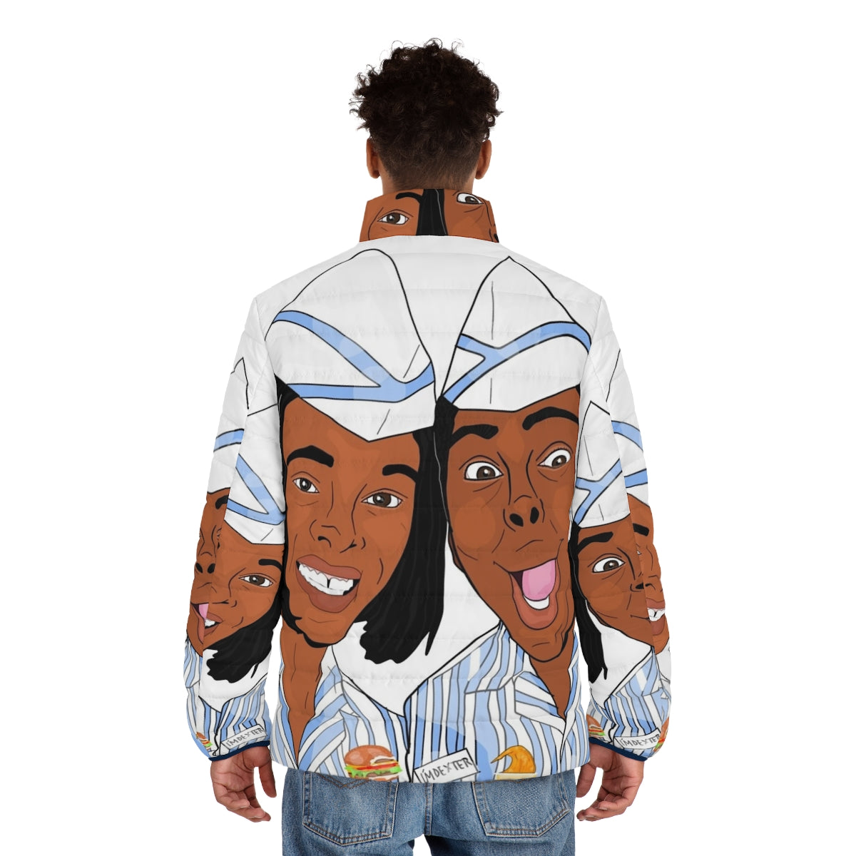 "Good Burger" themed puffer jacket in blue, white, and brown colors - men back