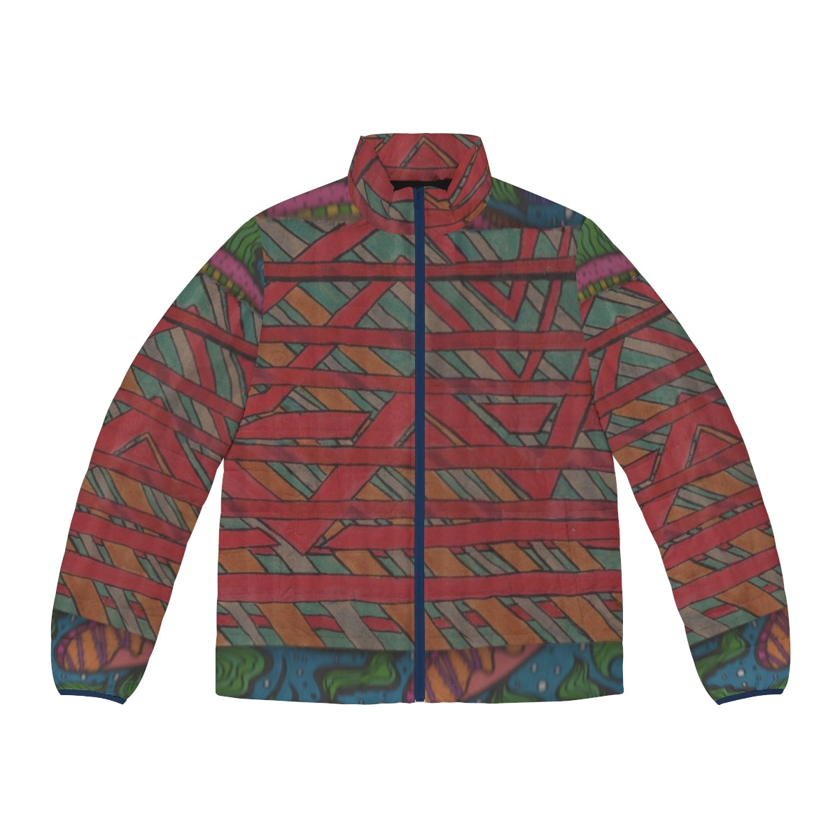 Puffer jacket with abstract, experimental jazz-inspired design