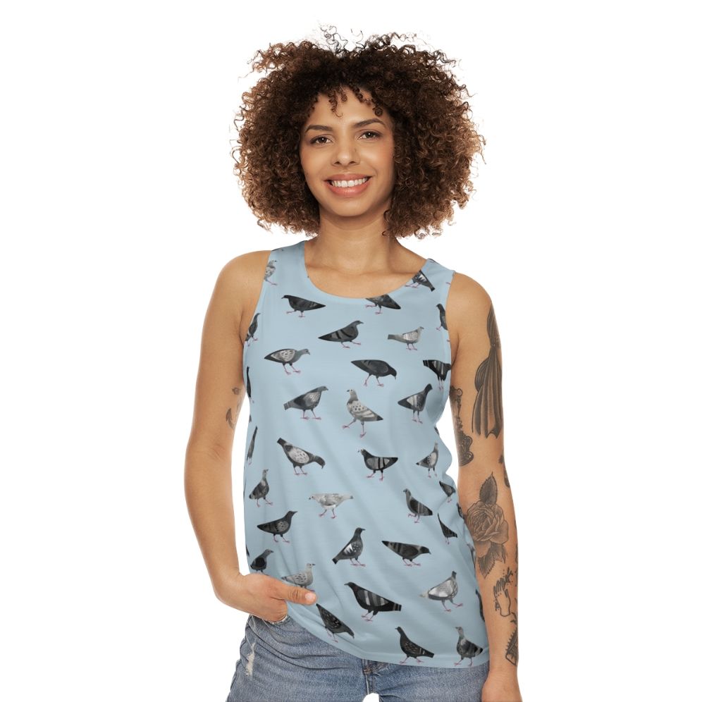 Pigeons doing pigeon things on a gray unisex tank top - women