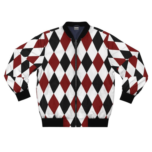 Black, white, and red harlequin diamond pattern bomber jacket