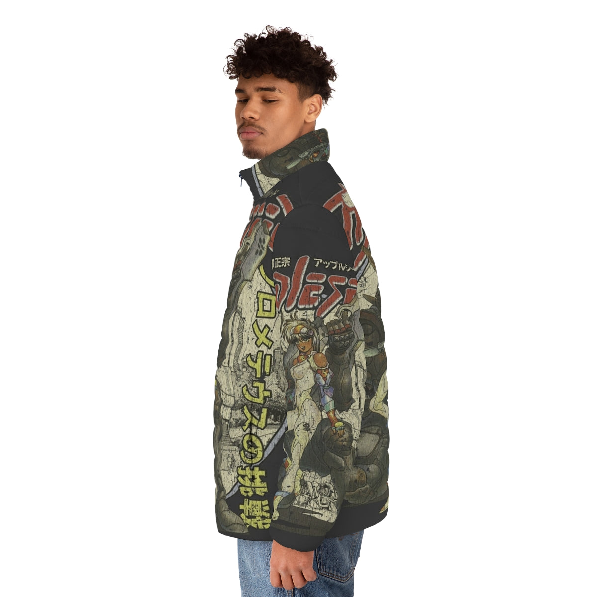 Appleseed puffer jacket with anime-inspired graphics and vintage design - men side left