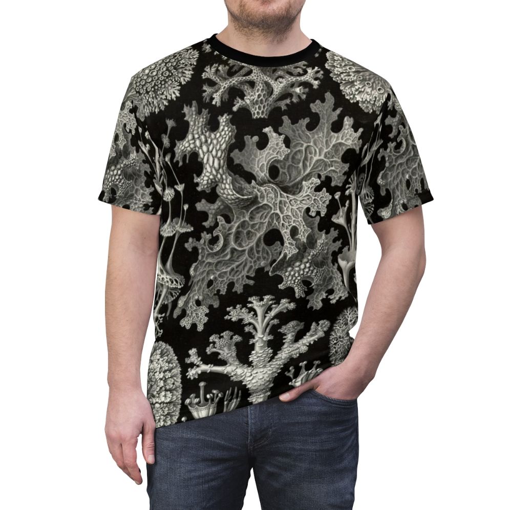 Vintage t-shirt design featuring a collage of lichenes illustrations by Ernst Haeckel, a renowned 19th-century German biologist and artist. - men front