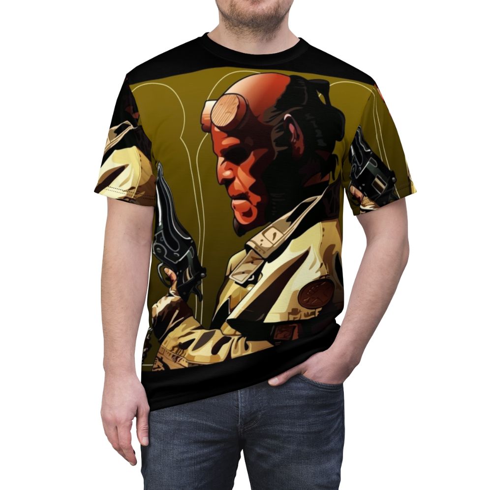 Hellboy-inspired all-over-print t-shirt featuring the iconic demon superhero from the fantasy and horror movie franchise - men front