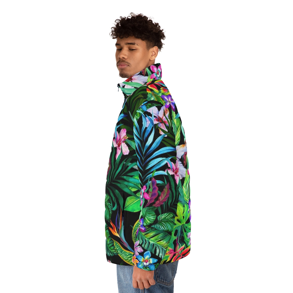 Tropical Fest Puffer Jacket with vibrant floral and leaf pattern - men side left