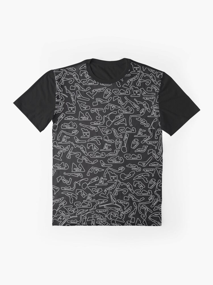 Formula 1 racing circuits pattern graphic t-shirt - Flat lay