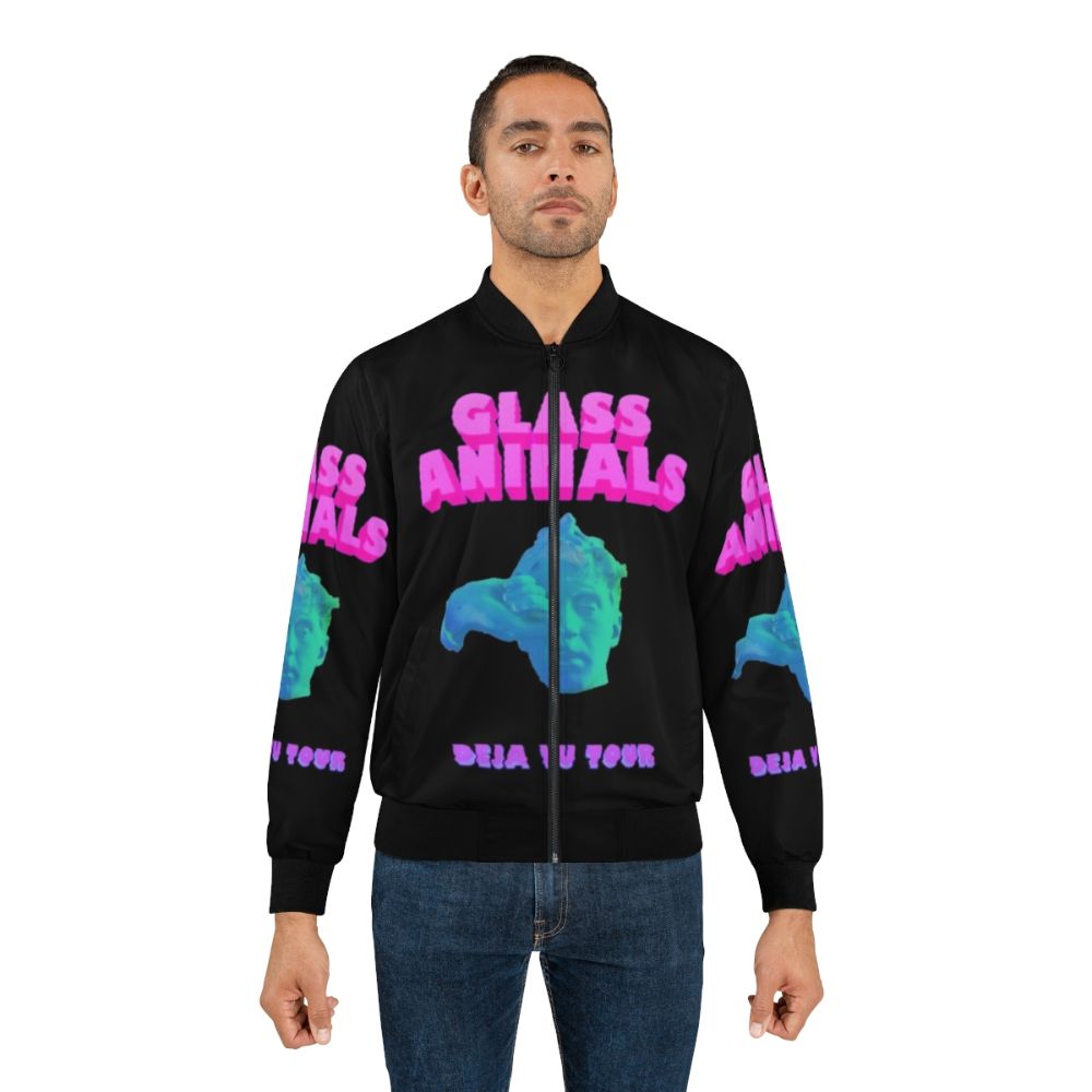 Glass Animals Deja Vu Bomber Jacket with the Glass Animals logo and "Deja Vu" text - Lifestyle