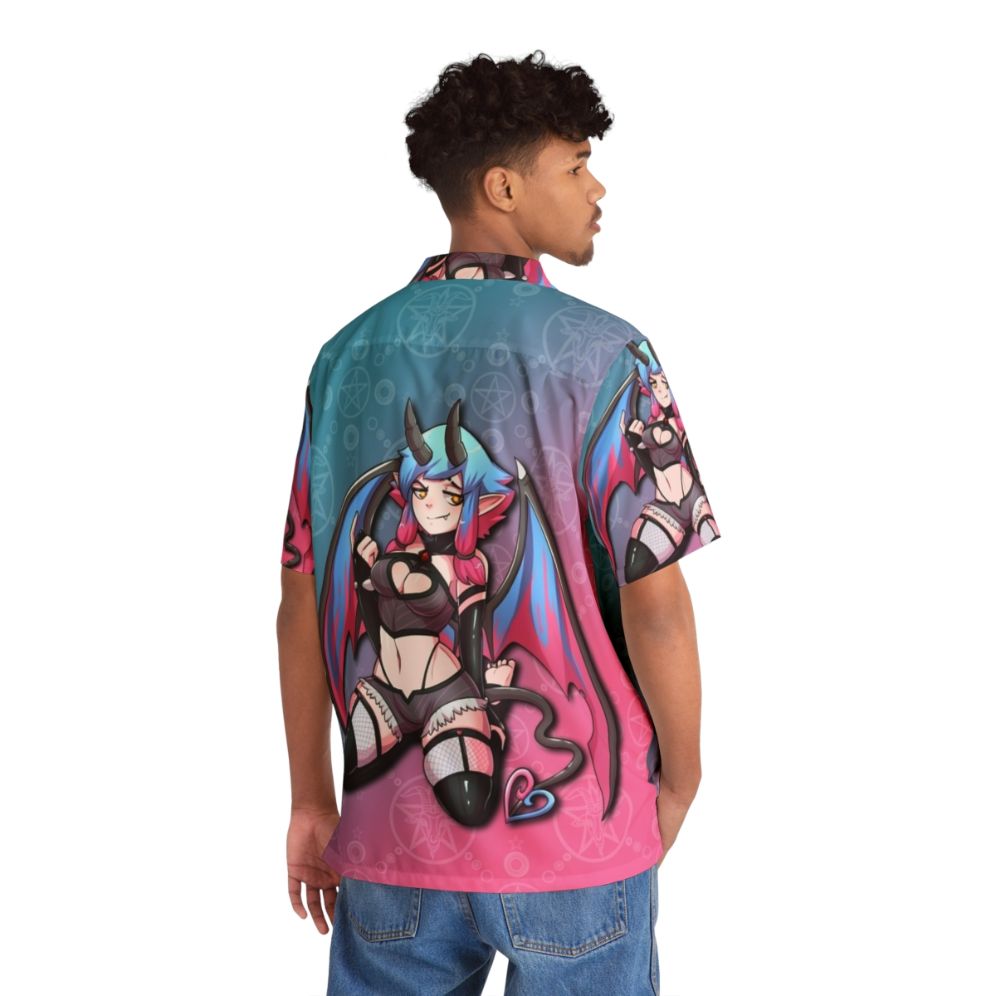 Anime-style Hawaiian shirt with supernatural elements and original character design - Flat lay