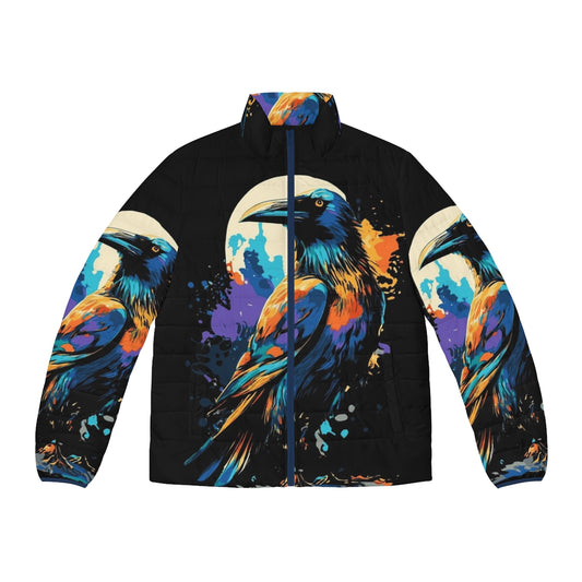 Colorful puffer jacket with a raven design for winter