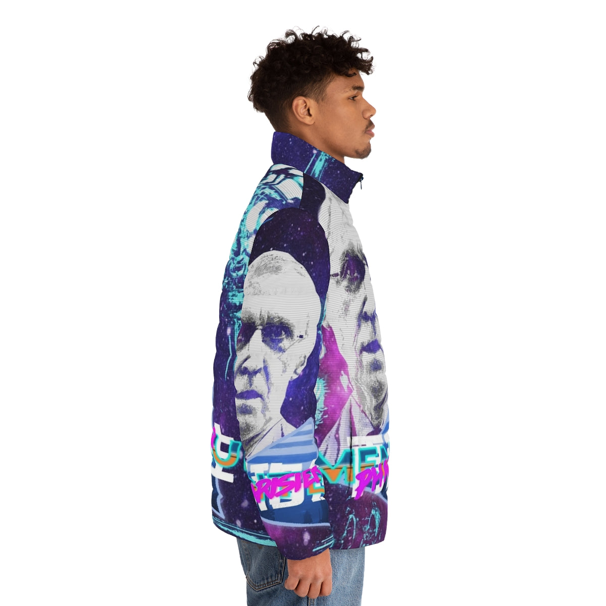 Vaporwave-inspired puffer jacket featuring the Henry De Lesquen design - men side right