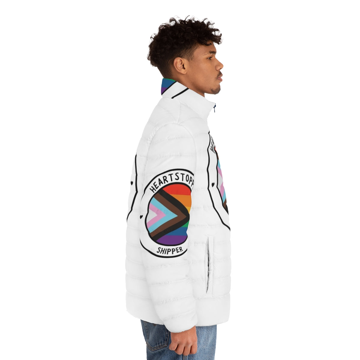 Heartstopper LGBTQ+ Pride Puffer Jacket with Vibrant Flag Design - men side right