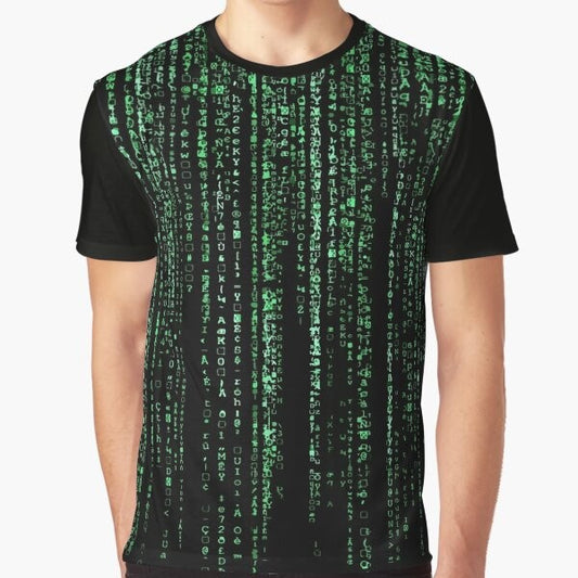 The Matrix Code Background Pattern Graphic T-Shirt featuring the iconic green code from the Matrix movies