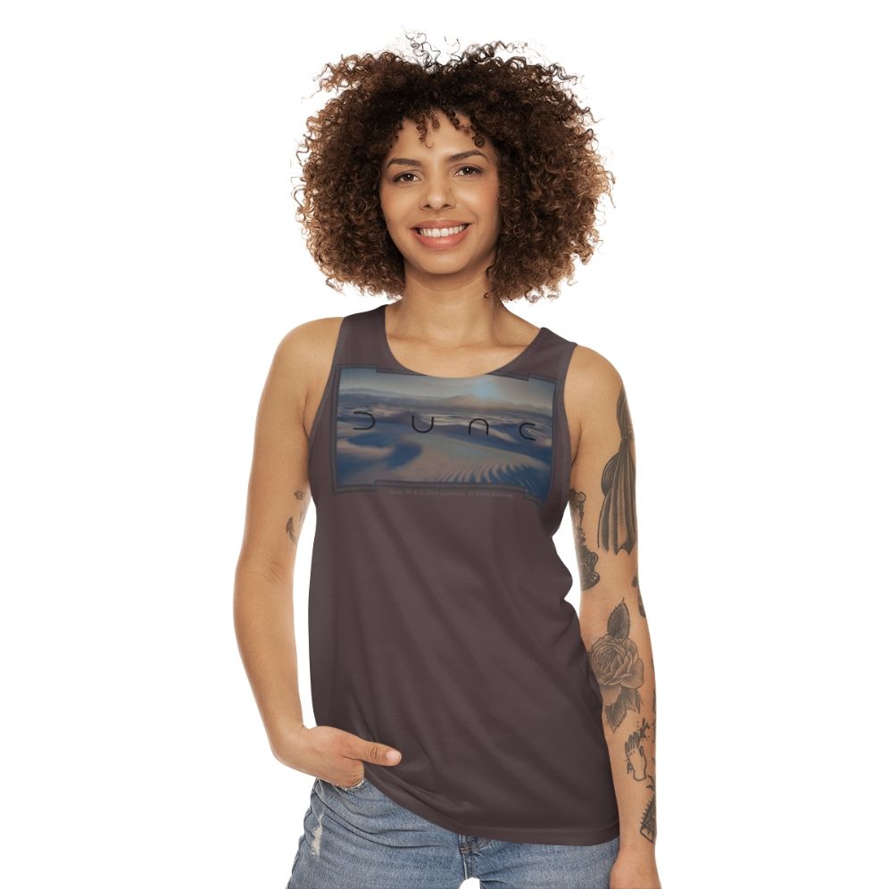 Dune-inspired unisex tank top with desert landscape design - women