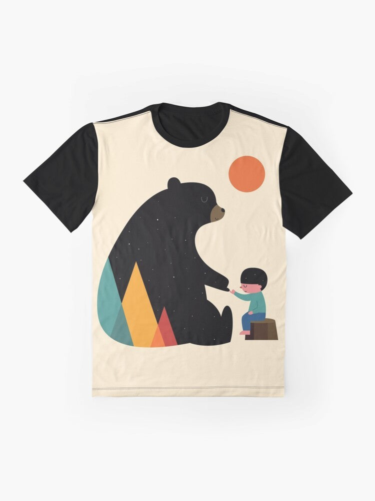 Graphic t-shirt with a bear in a nature landscape, featuring the word "Promise" - Flat lay