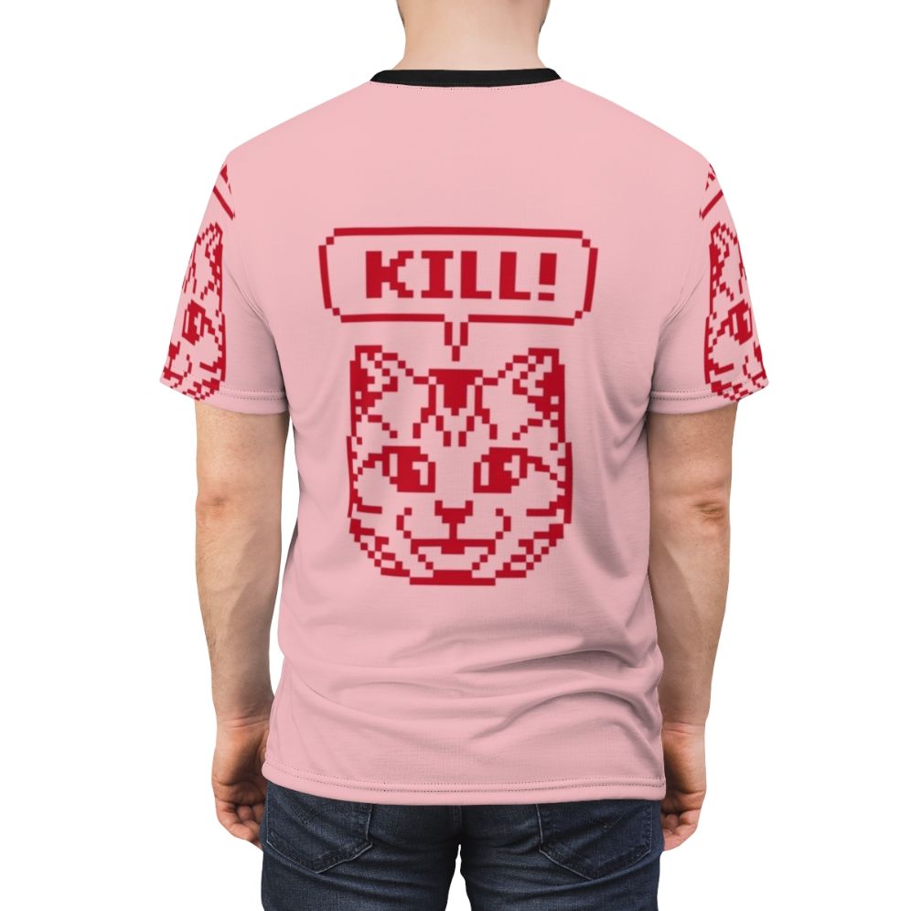 No More Heroes inspired cat graphic printed on a white t-shirt - men back