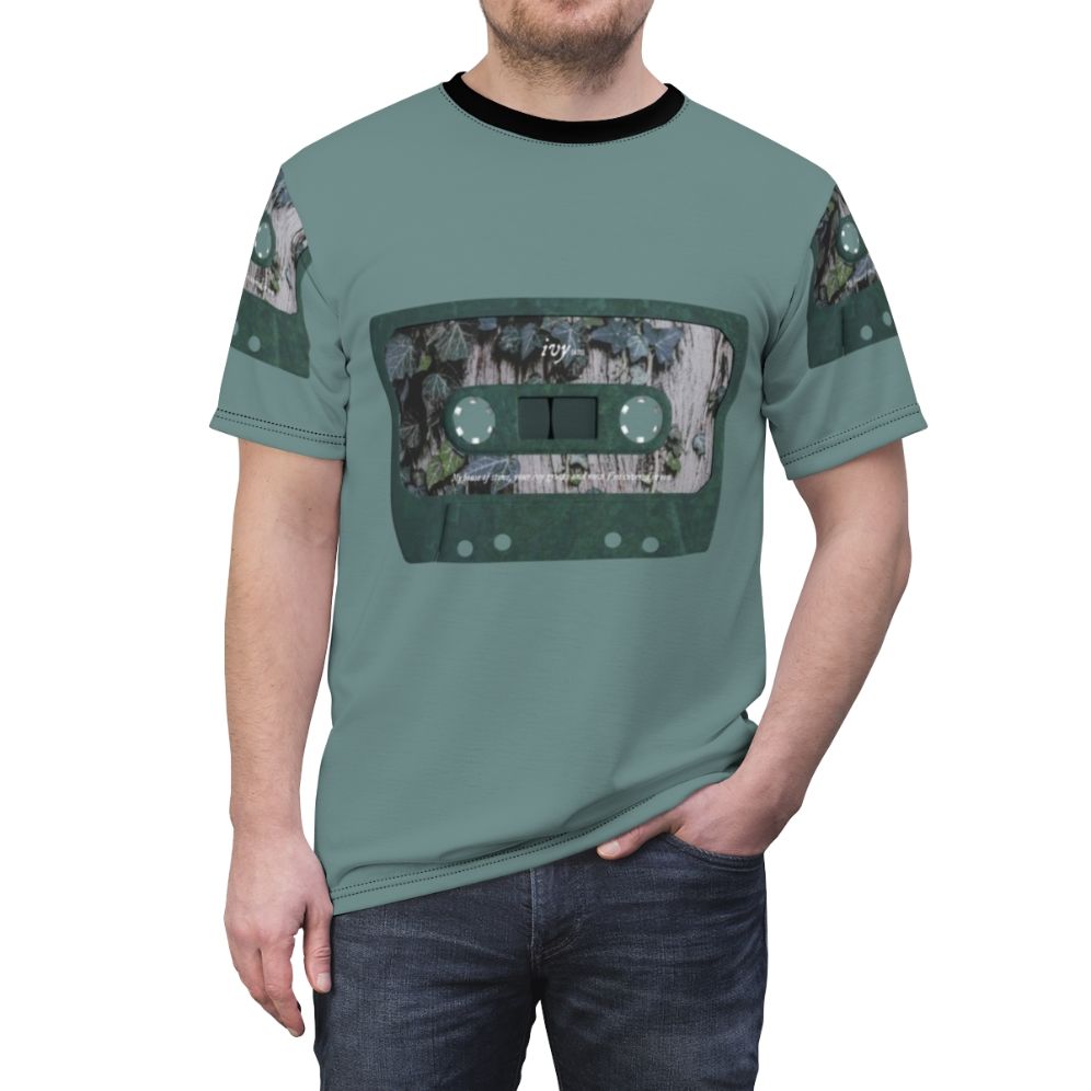 Ivy graphic t-shirt design featuring a vintage cassette tape and floral elements, inspired by Taylor Swift's "Ivy" song from the Evermore album. - men front