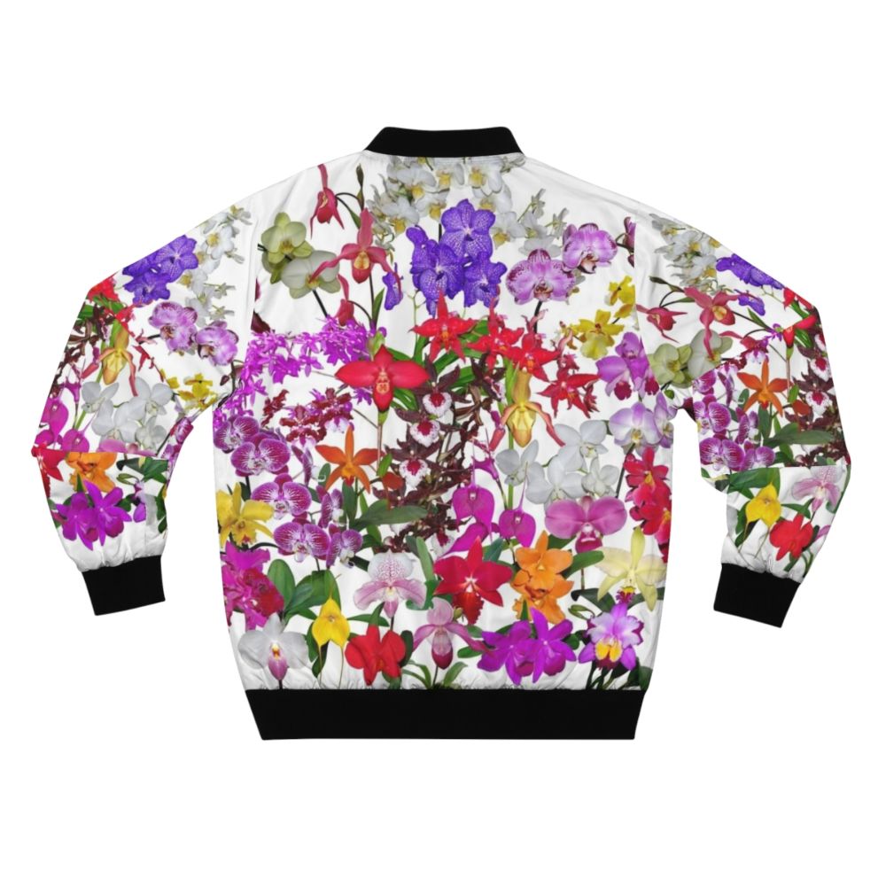 Vibrant bomber jacket featuring a digital photography design of colorful orchid flowers in various shades of red, pink, yellow, and more. - Back