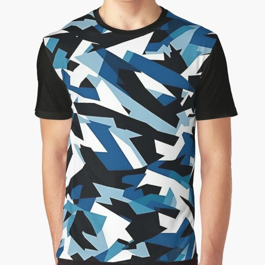 Navy dazzle camouflage graphic t-shirt with military-inspired design