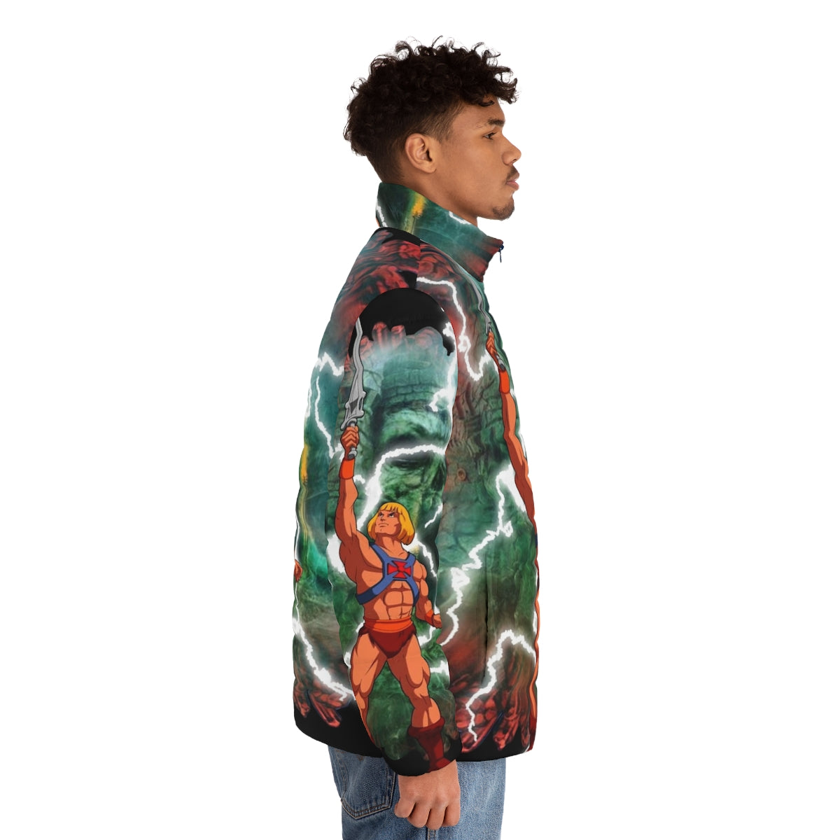 Retro art puffer jacket featuring He-Man and the Masters of the Universe characters - men side right