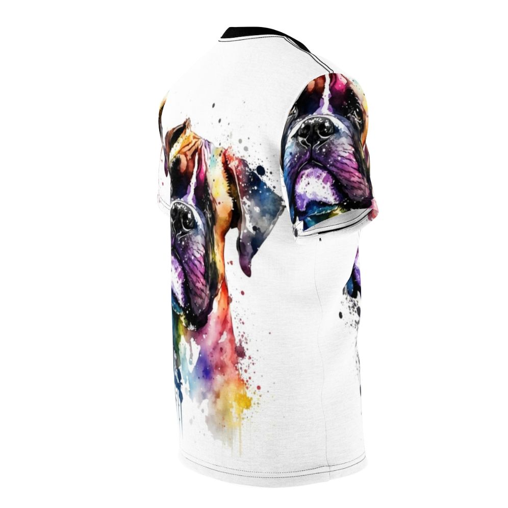 Colorful watercolor painting of a boxer dog's face on a t-shirt - men right