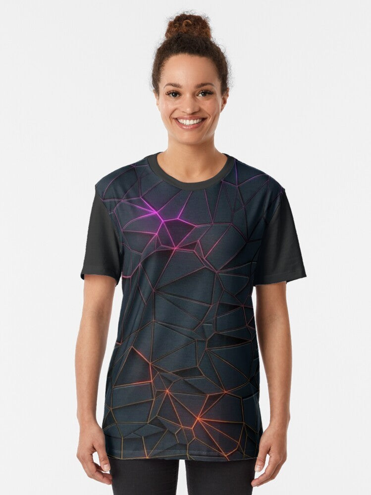 A t-shirt featuring a geometric abstract design with polygons, mosaics, and a vibrant color palette. - Women