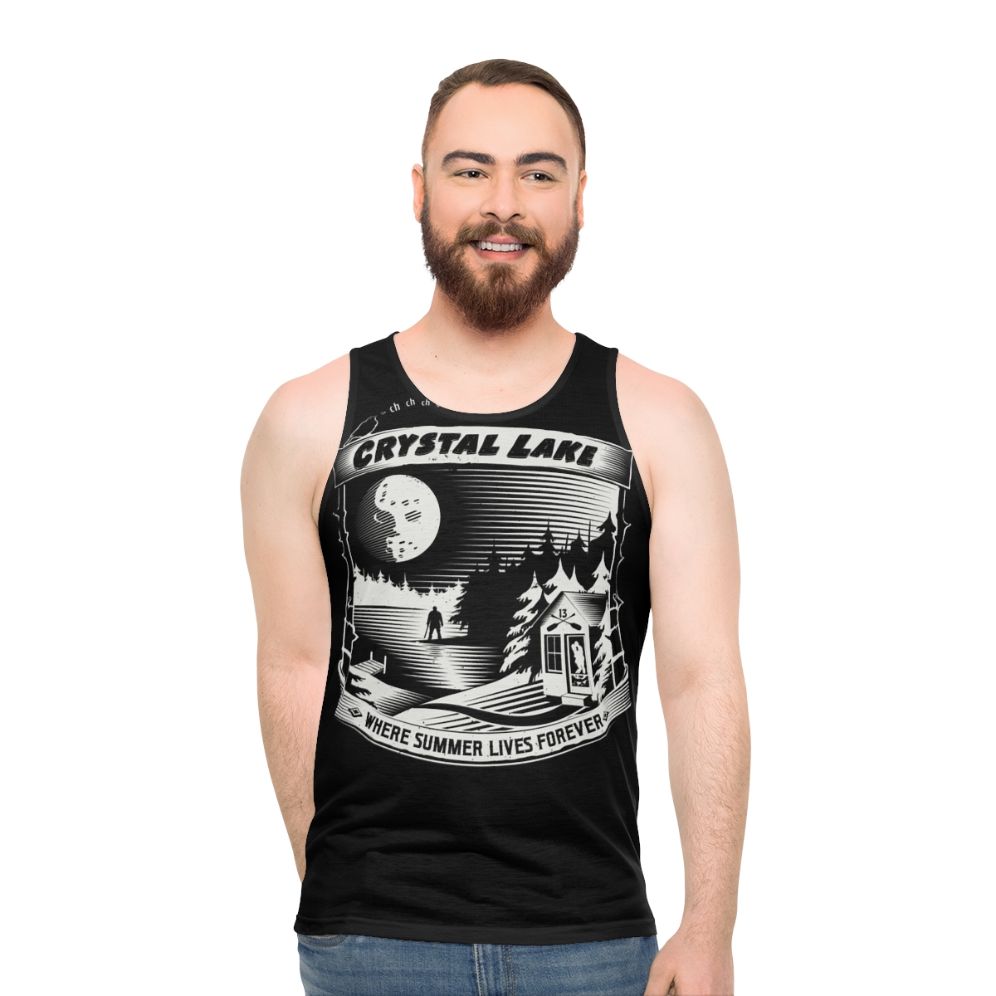 Horror movie inspired unisex tank top with "Camp Crystal Lake Where Summer Lives Forever" design - men