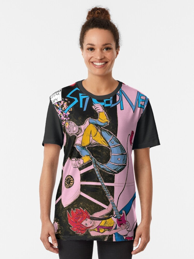 A punk-inspired graphic t-shirt featuring a space alien girl with red hair on a sci-fi cover design. - Women