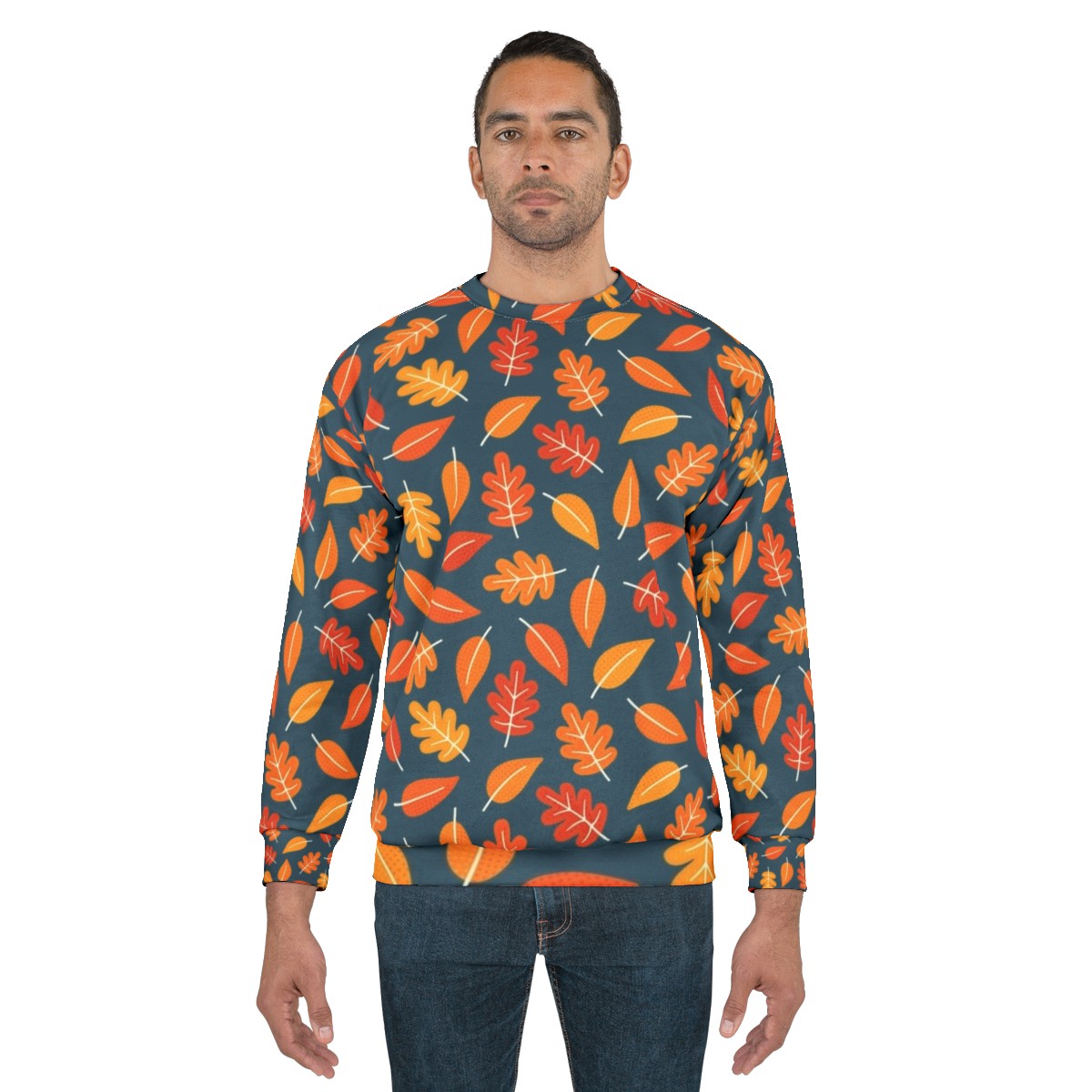 Retro autumn leaves on indigo blue sweatshirt - men