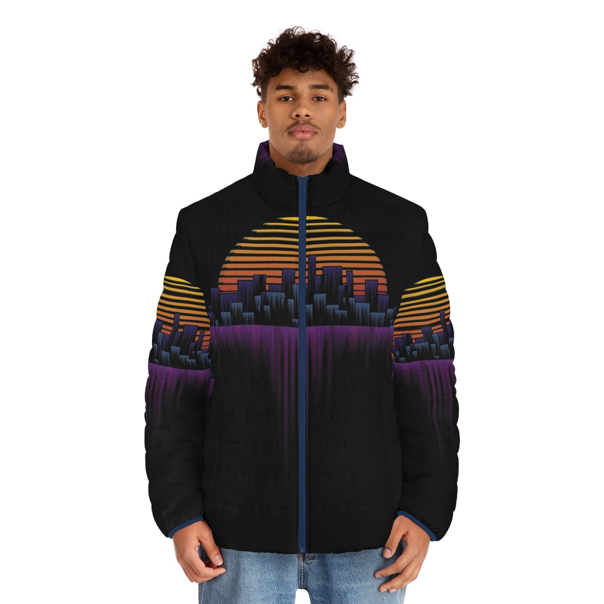 Retrowave City Soundwave Puffer Jacket - Synth-inspired puffer jacket in a retro, neon aesthetic - men front