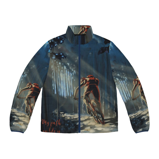 Puffer jacket with a mountain bike and forest landscape design