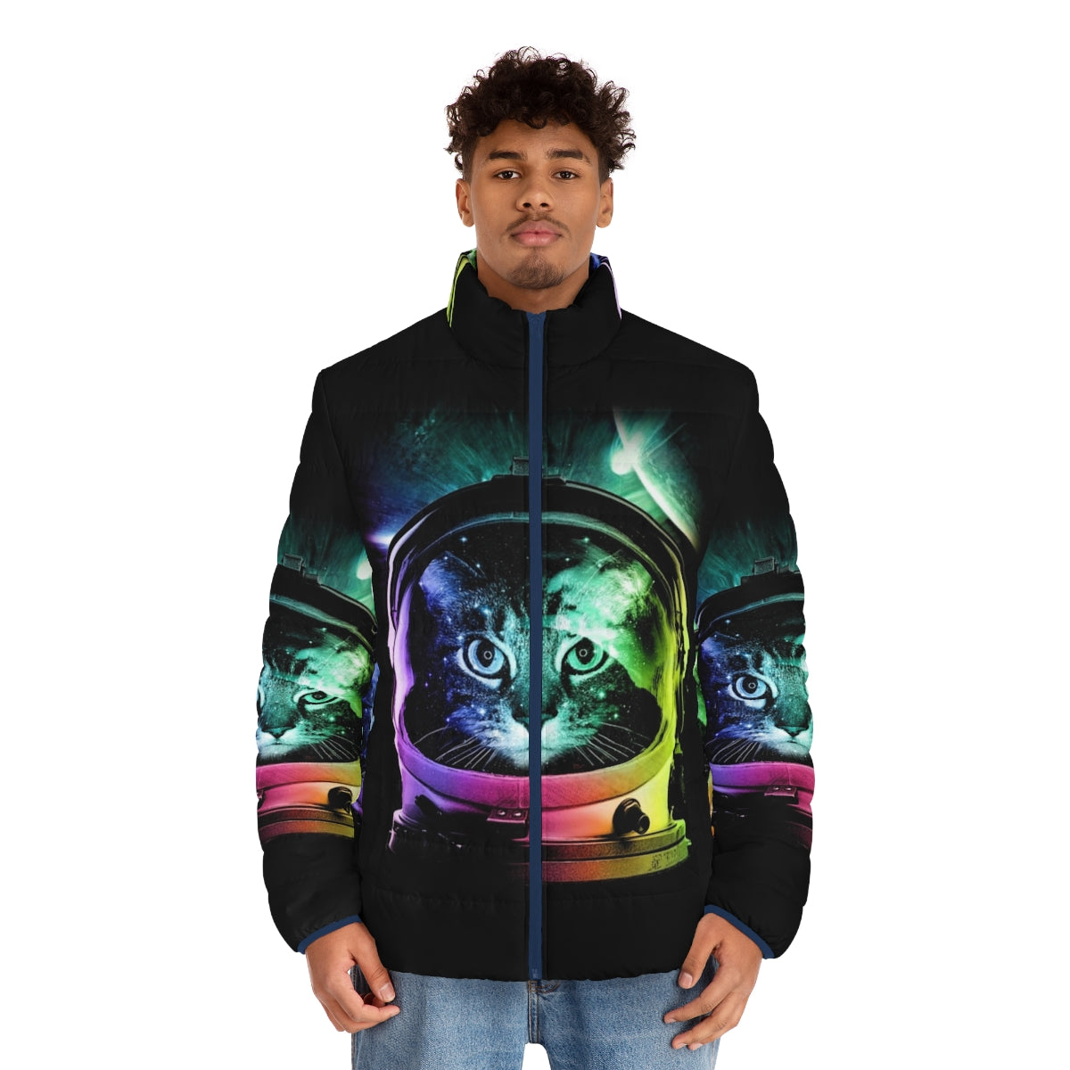 Astronaut cat in a vibrant puffer jacket, floating in the galaxy - men front