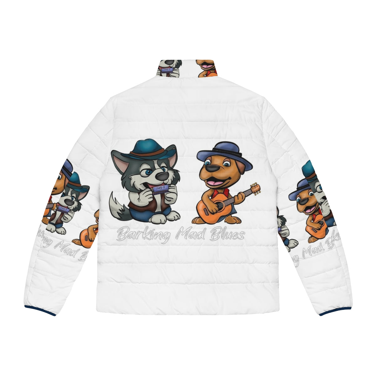 The Barking Mad Blues Duo Puffer Jacket - featuring a malamute and blues musician design - Back