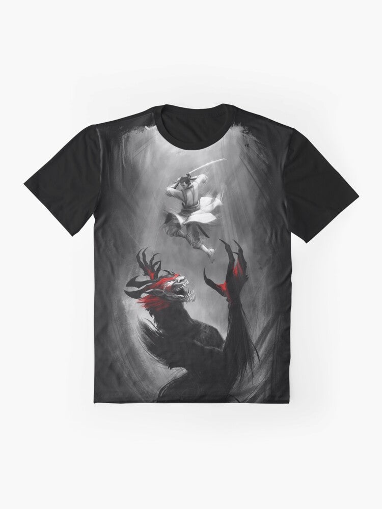 Samurai Jack Showdown Graphic T-Shirt featuring a battle between Samurai Jack and the demon Aku - Flat lay