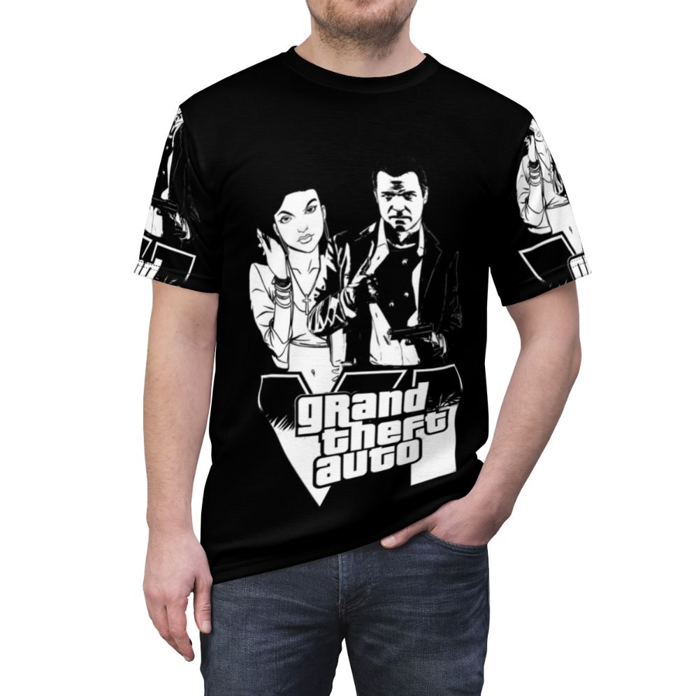 Retro gaming inspired t-shirt design featuring elements from the Grand Theft Auto video game series - men front