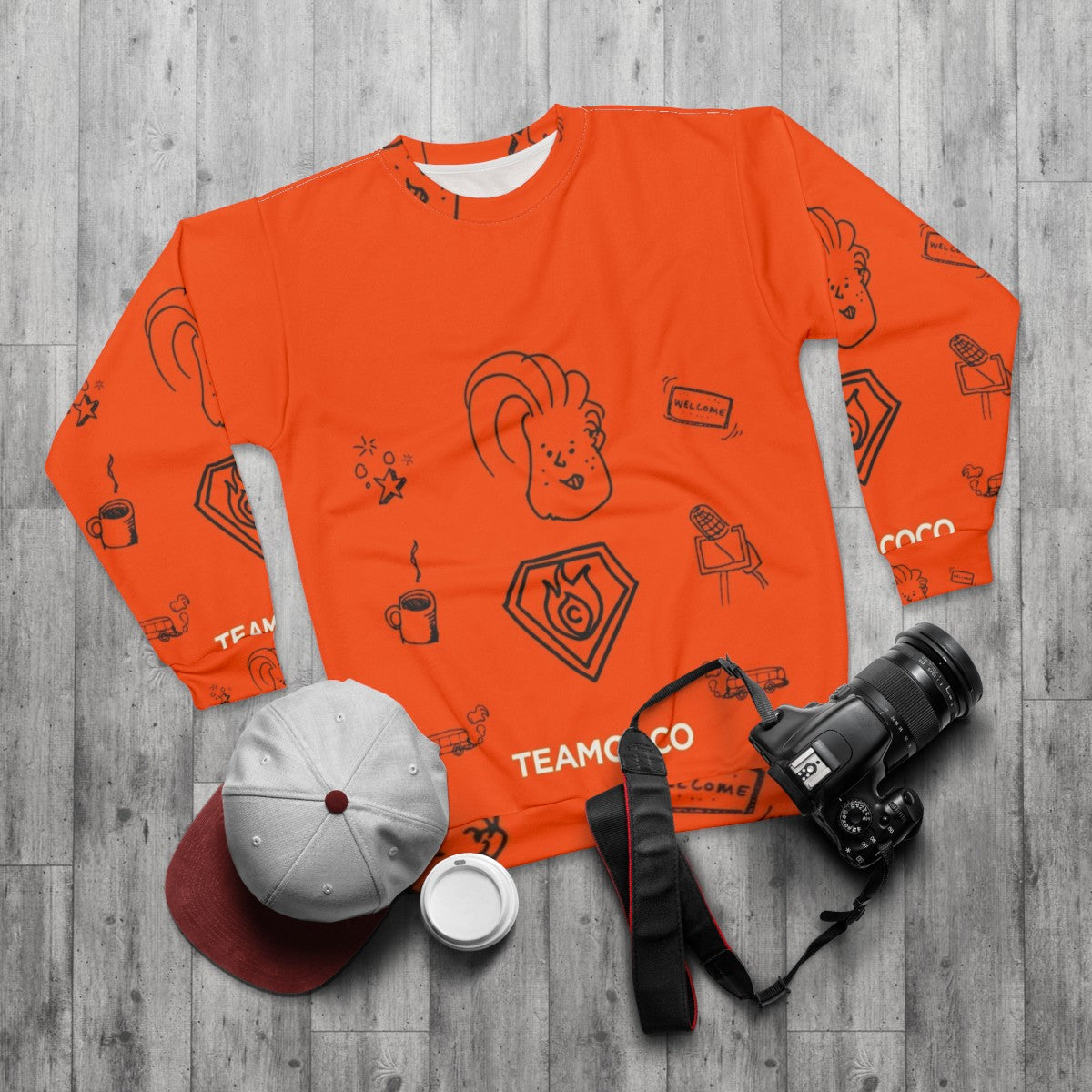 Team Coco Doodle World Graphic Sweatshirt featuring Conan O'Brien - flat lay