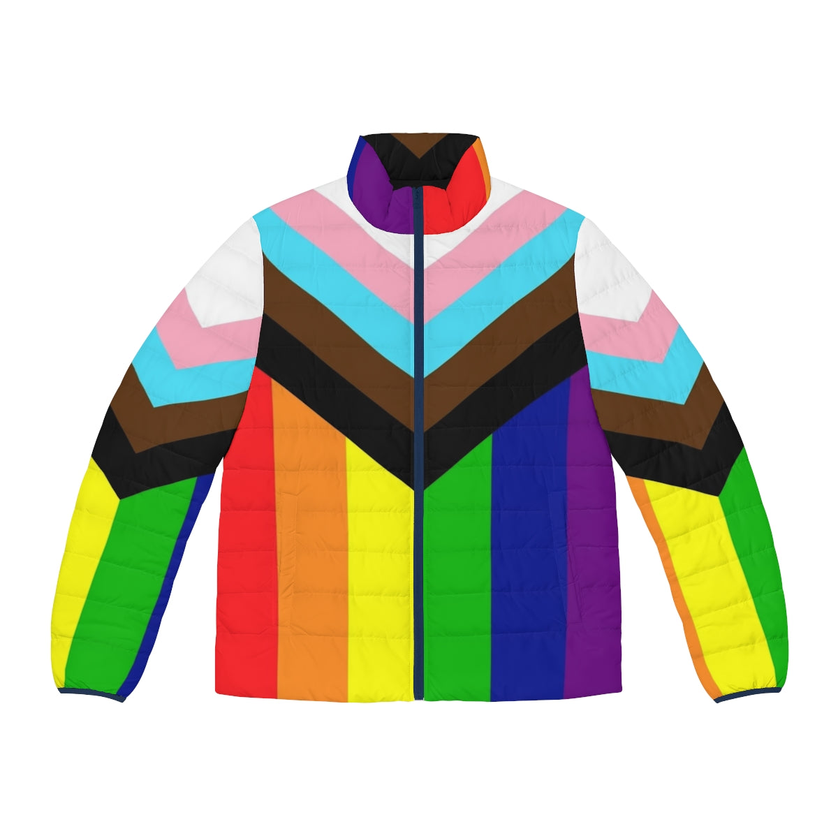 Progressive Pride Flag Puffer Jacket with rainbow colors