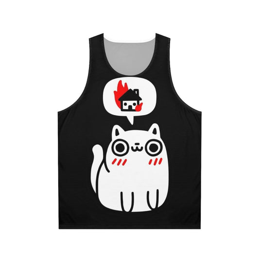 Unisex tank top with evil cat graphics destroying things