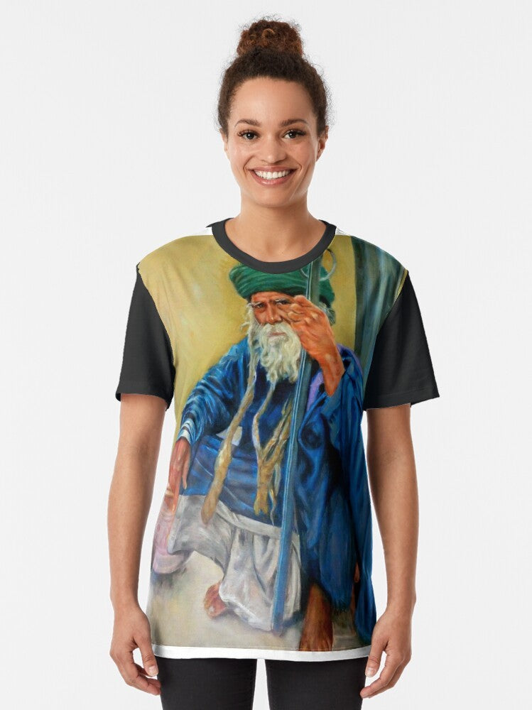 Graphic t-shirt featuring a captivating portrait of an Indian man - Women