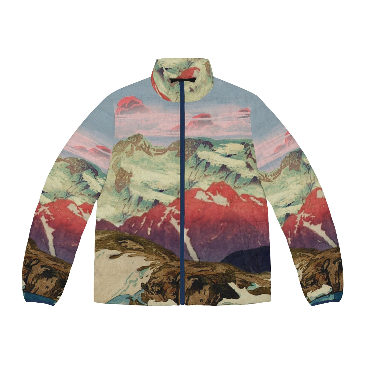 Keiisino Japanese Landscape Puffer Jacket featuring a winter nature scene with mountains, snow, and sunset colors