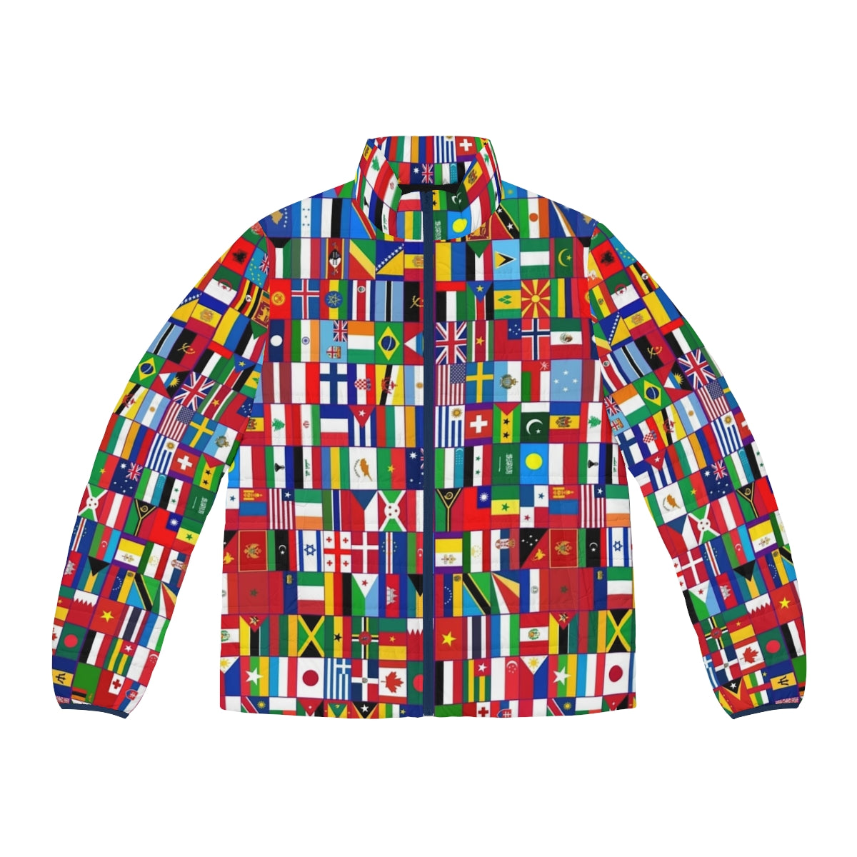 Flags of the World Puffer Jacket featuring colorful national flags from around the globe