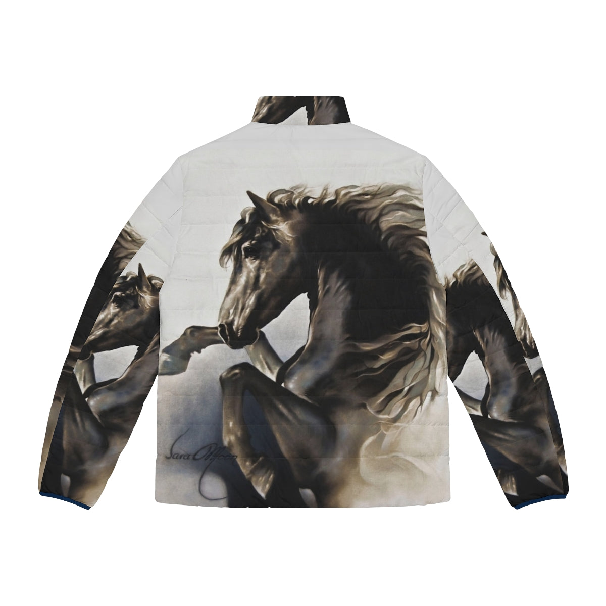 Black puffer jacket with a rearing black stallion design - Back