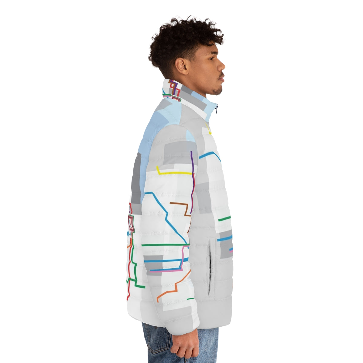 Chicago Transit Map Puffer Jacket with City Skyline - men side right