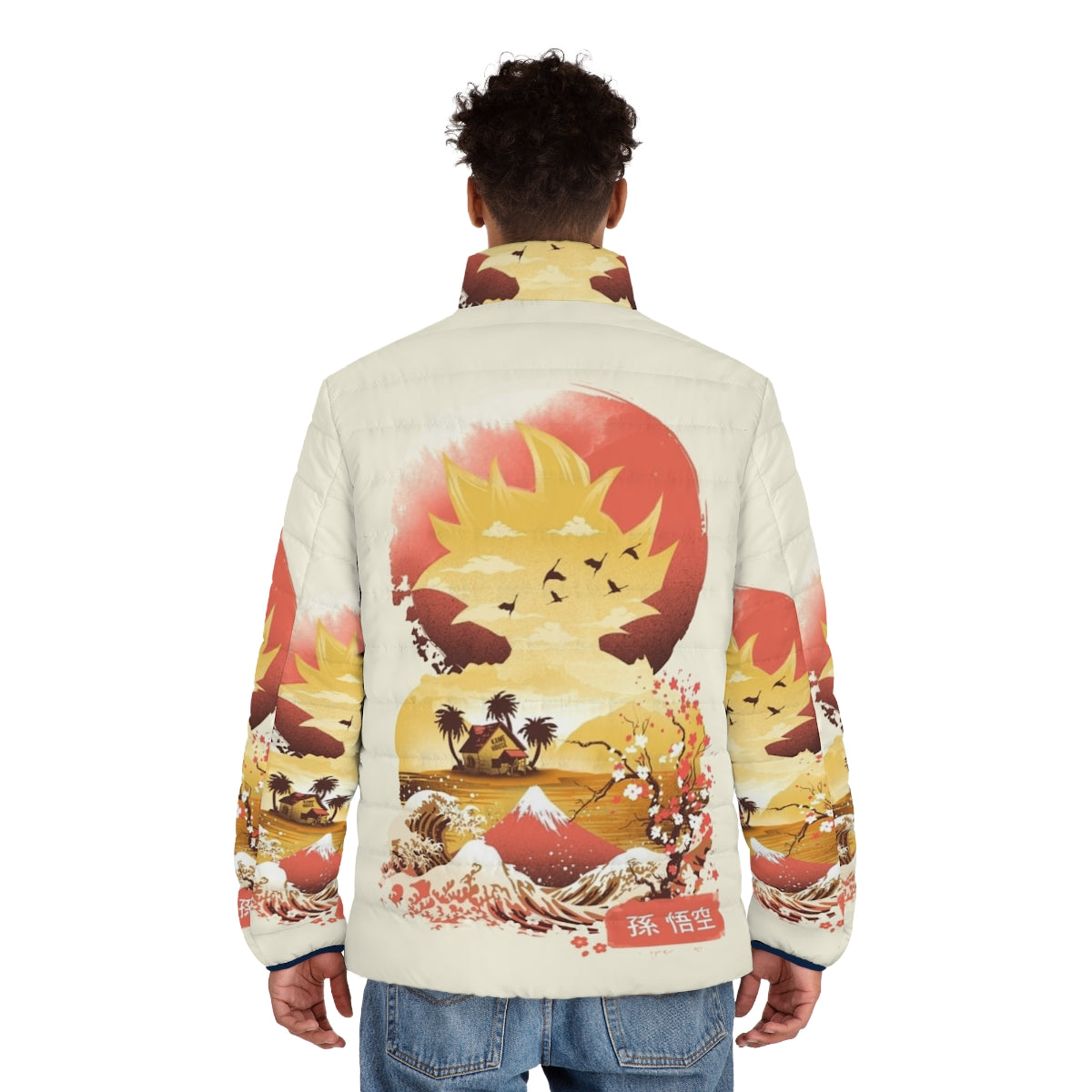 Ukiyo-E Super Saiyan Anime Puffer Jacket featuring Japanese art and Dragonball inspired design - men back