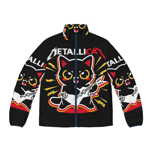 A metallic puffer jacket featuring a cat design, perfect for music lovers and metalheads.